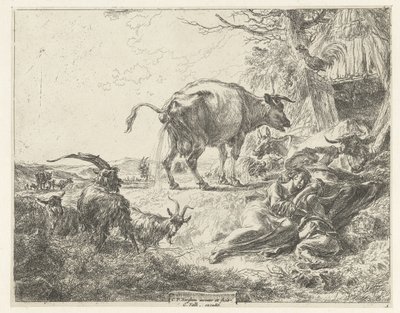 眠っている羊飼いの家族と休んでいる家畜 作： Nicolaes Pietersz Berchem