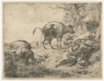 眠っている羊飼いの家族と休んでいる家畜 作： Nicolaes Pietersz Berchem