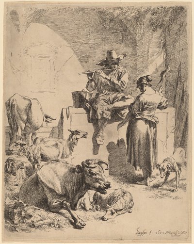噴水に座る羊飼いと紡績工 作： Nicolaes Pietersz Berchem