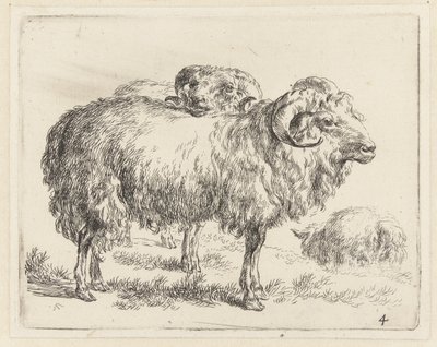 Twee rammen en een schaap シャーペン（シリーズタイトル） ニコライ・ベルケムのスタジオとアートによる生き生きとした動物と水でプリントされた強い空気感 (シリーズ タイトル) 作： Nicolaes Pietersz Berchem