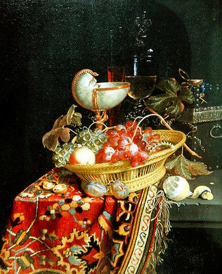 籠の中の果物とオウム貝のカップの静物画 作： Nicolaes Van Gelder