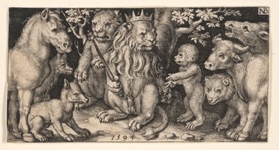 王冠をかぶったライオン（『闘うキメラとイソップ寓話の情景』より 作： Nicolaes de Bruyn