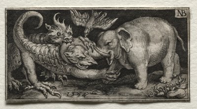 象が二匹の獣と戦っている、1594。 作： Nicolaes de Bruyn