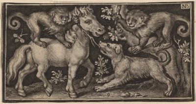 馬と二匹の猿と犬 作： Nicolaes de Bruyn