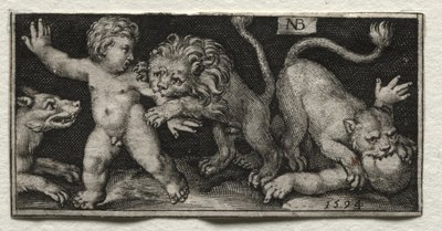 子供を襲うライオンズ、1594年。 作： Nicolaes de Bruyn