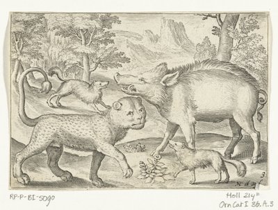 ヒョウ、イノシシ、犬 Animalivm qvadrvpedvm (シリーズタイトル) 風景の中の動物（シリーズタイトル） 作： Nicolaes de Bruyn