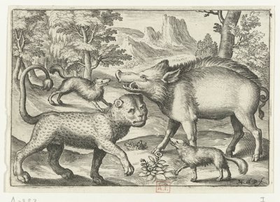 ヒョウ、イノシシ、2 匹の犬 Animalivm qvadrvpedvm (シリーズタイトル) 風景の中の動物（シリーズタイトル） 作： Nicolaes de Bruyn