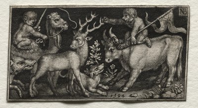 ラクダと雄牛に乗ったサル、1594年。 作： Nicolaes de Bruyn