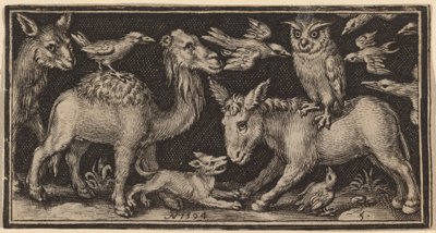 ロバの背中にフクロウ、ラクダの背中に鳥と他の動物 作： Nicolaes de Bruyn