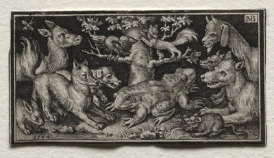 動物に囲まれた両頭のカエル、1594。 作： Nicolaes de Bruyn