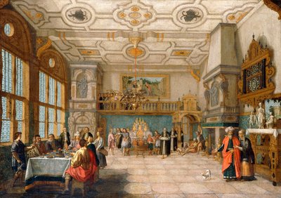 エレガントな人物像が飾られた宴会場の入り口にあるラザロ、1622年 作： Nicolaes de Gyselaer