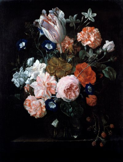 17世紀のガラスの花瓶のチューリップ、カーネーション、モーニンググローリー。 作： Nicolaes van Veerendael