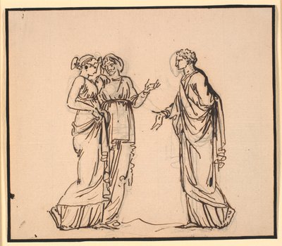 3 人の人物、2 人の女性と話している男性のアンティーク シーン 作： Nicolai Abildgaard