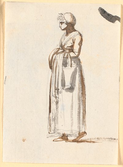 かごを腕にかぶって左を歩く女性 作： Nicolai Abildgaard