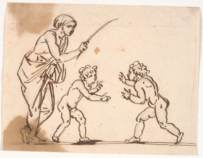 けんかをしようとしている 2 人の小さな男の子に向かって棒を掲げる女性 作： Nicolai Abildgaard