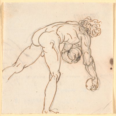 石を手に持って走っている裸の男 (ボウラー?) を半分後ろから見た 作： Nicolai Abildgaard