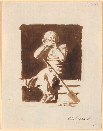 鋤や櫂を持って舟の縁に座って泣いている小さな男の子（？） 作： Nicolai Abildgaard
