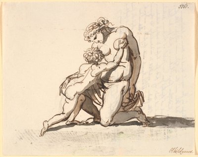 彼女の小さな男の子と一緒に裸でひざまずく母親 作： Nicolai Abildgaard