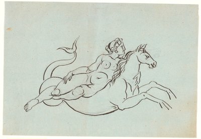 タツノオトシゴに寝そべって横たわる裸の女性 作： Nicolai Abildgaard
