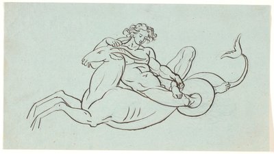 魚の尾を持つヤギの上に横たわっている裸の男 作： Nicolai Abildgaard