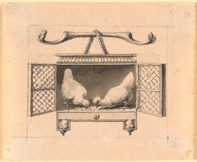 かごの中のニワトリが穀物を拾う 作： Nicolai Abildgaard
