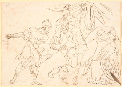 2 人の戦士が、女性と性交しているのを見つけた裸の男を殺します。 作： Nicolai Abildgaard