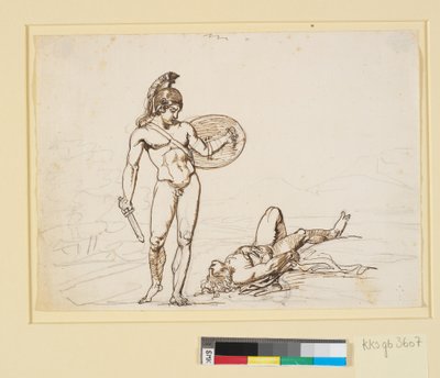 ギリシャの戦闘シーン、裸の英雄が倒れた相手を見る 作： Nicolai Abildgaard