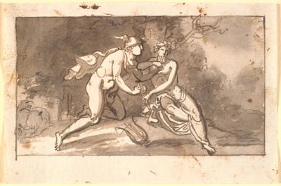 エルメスは若い男（アポロン？）に笛の吹き方を教える 作： Nicolai Abildgaard