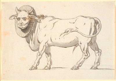 人間の顔をした雄牛の形をした聖職者の風刺画で、パイプの首輪が首に巻かれている 作： Nicolai Abildgaard