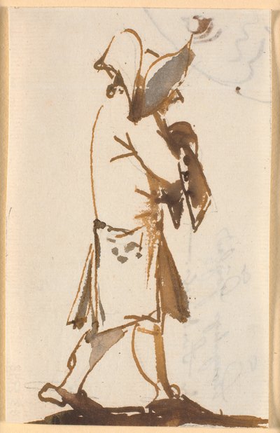 三角形の帽子をかぶった歩く男の似顔絵。 作： Nicolai Abildgaard
