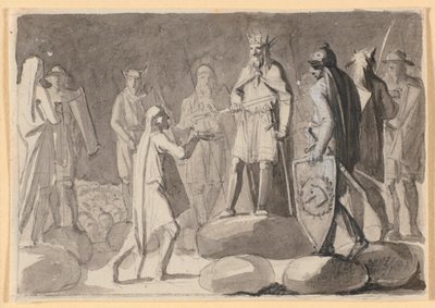 構成案; 法廷で戦士に囲まれた王が、男に騎士の剣を与える 作： Nicolai Abildgaard