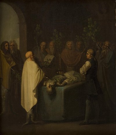 ニールス・クリムは、亡くなったポトゥアン王子の判決に出席します。 作： Nicolai Abildgaard
