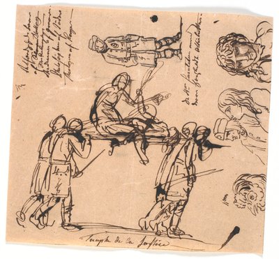正義の勝利。 担架を運ぶ 4 人の武装した男たち。 作： Nicolai Abildgaard