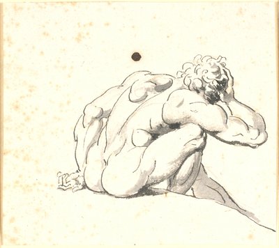 右手を頭に当てて後ろから見た、前かがみに座っている男性 作： Nicolai Abildgaard
