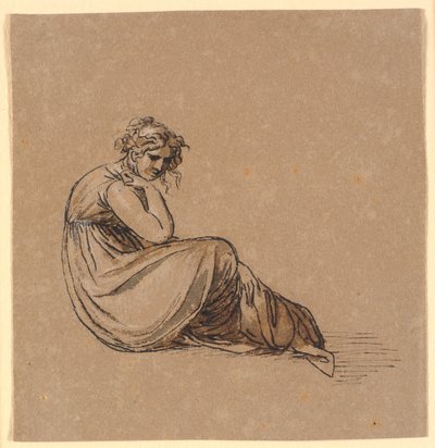 右膝に肘を置いて座っている女性 作： Nicolai Abildgaard
