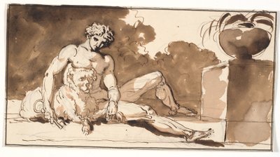 手に鍵を持って座っている裸の男、プードルと th. アガベ 作： Nicolai Abildgaard