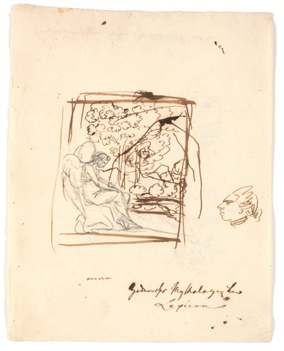 背景の木に座っている翼のある天才。 右側に似顔絵の頭 作： Nicolai Abildgaard