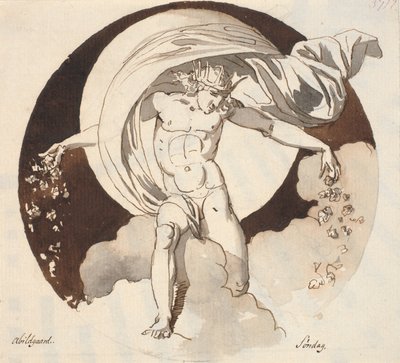 日曜日。 冠をかぶった裸の神 両手で花を広げる 作： Nicolai Abildgaard