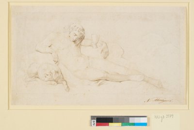 Søvnen、眠っている犬と一緒に横になっている男性像 作： Nicolai Abildgaard