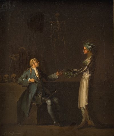 医師の妻は、ニールス・クリムを解剖するという夫の意図を明らかにする 作： Nicolai Abildgaard
