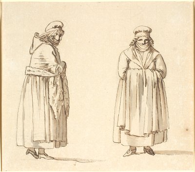 口にスカーフを巻いた 2 人の庶民の妻、1 人は横顔、もう 1 人は正面から 作： Nicolai Abildgaard