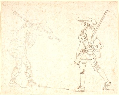 2 人の男性像、1 つはハンターの格好をしており、もう 1 つは棒の束を持っています。 作： Nicolai Abildgaard