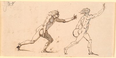 右に走る 2 人の裸の男性、それぞれが片手に大きな石を持ち、横顔のスケッチ 作： Nicolai Abildgaard