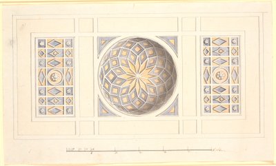 紫と黄色のアーチ型の中央セクションを持つ天井の下書き 作： Nicolai Abildgaard