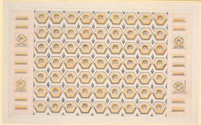 黄色と紫の六角形のカセットとロゼットを備えたドラフト天井 作： Nicolai Abildgaard