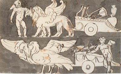 グリフィンとワシに引かれたアポロとジュピターの戦車のそばにいる翼のある少年たち 作： Nicolai Abildgaard
