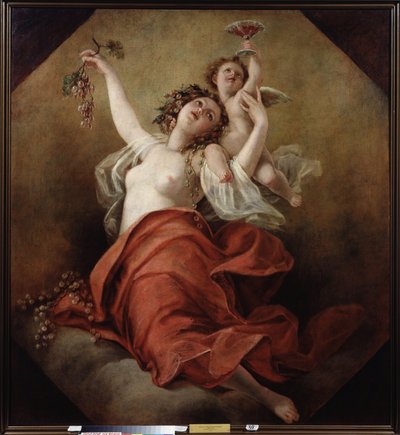 Bacchante（バッカンテ）。 裸の胸の女性がぶどうの房を持ち、天使が赤ワインのカップを運んでいます。 ニコライ アポロノビッチ マルコフ (1794-1873) の絵画、キャンバスに油彩 作： Nicolai Apollonovich Malkov