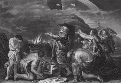 ノアのいけにえ、創世記、第8章、20節（エングレーヴィング） 作： Nicolas (after) Poussin
