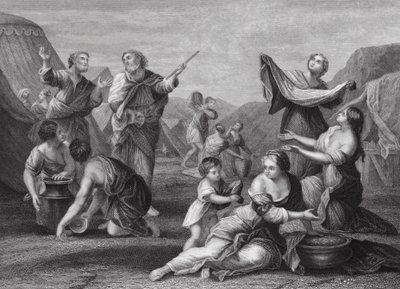 マナの落下、出エジプト記、第16章、14節、24節（エングレーヴィング） 作： Nicolas (after) Poussin