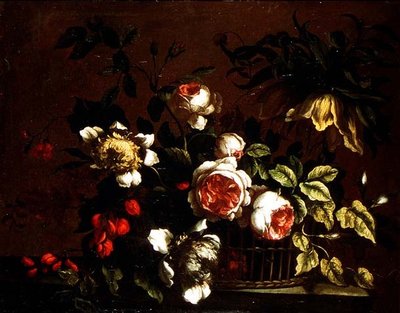 バラやシャクヤクなどの花を棚に並べる 作： Nicolas (circle of) Baudesson